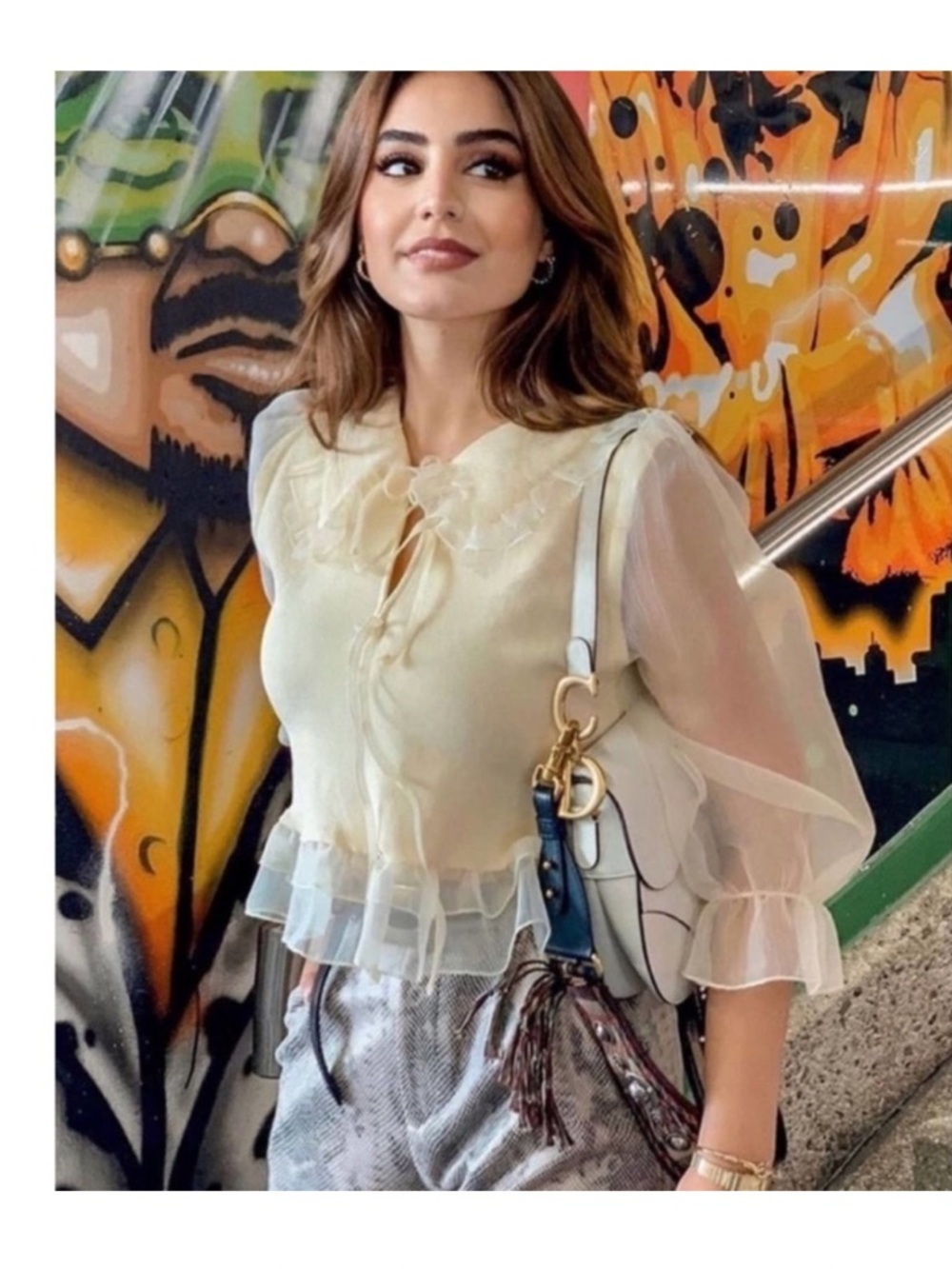 Zara organza knit Sheer Ruffle-Trim Cream Blouse with Tie Neck NWOT Sm